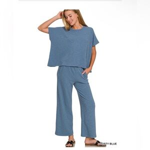 022 - Zenana Outfitters Dusty Blue Cotton Slub Top and Pants Set
